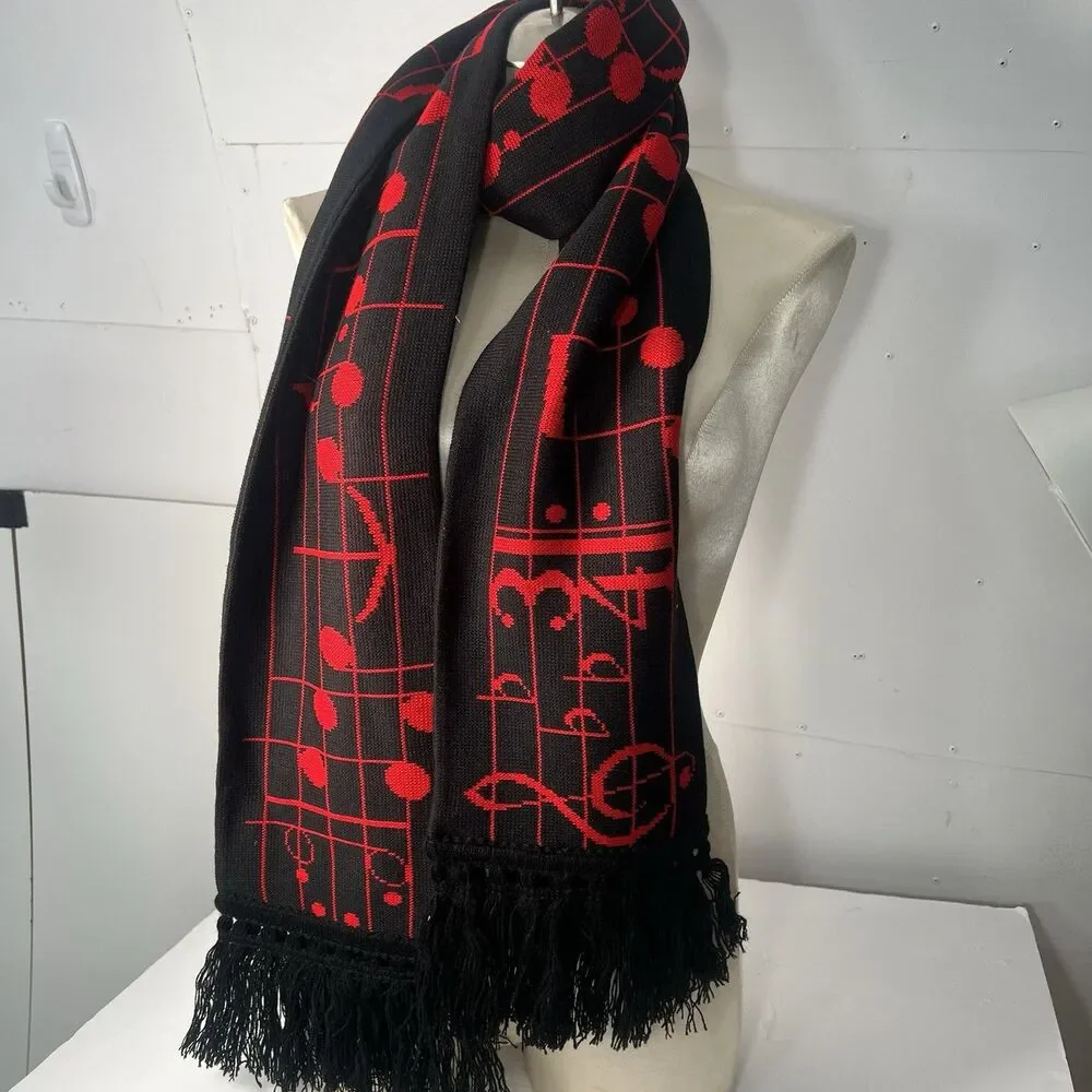 Vintage Scarf Music Staff Notes 1982 By Edgerton PA  88” Long red on black